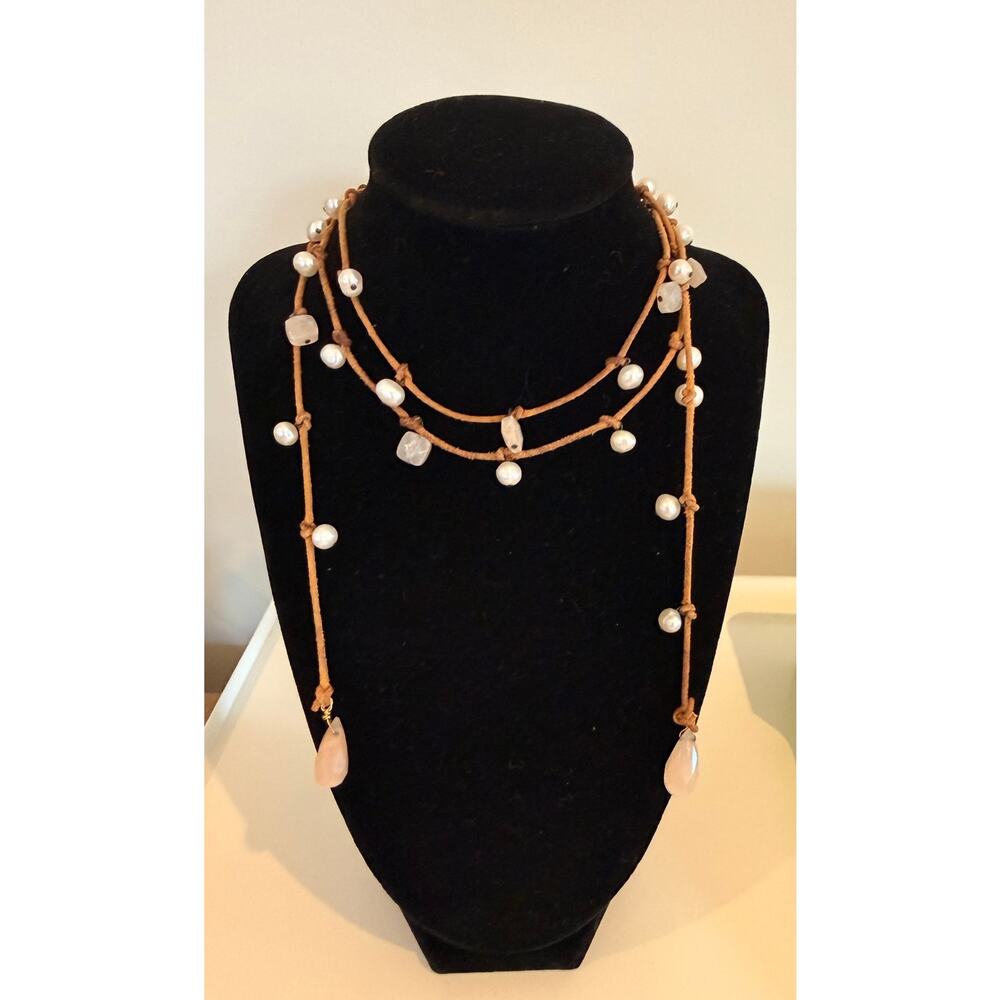 Artisan Freshwater Pearl Rose Quartz Leather Wrap Lariat Necklace 44"